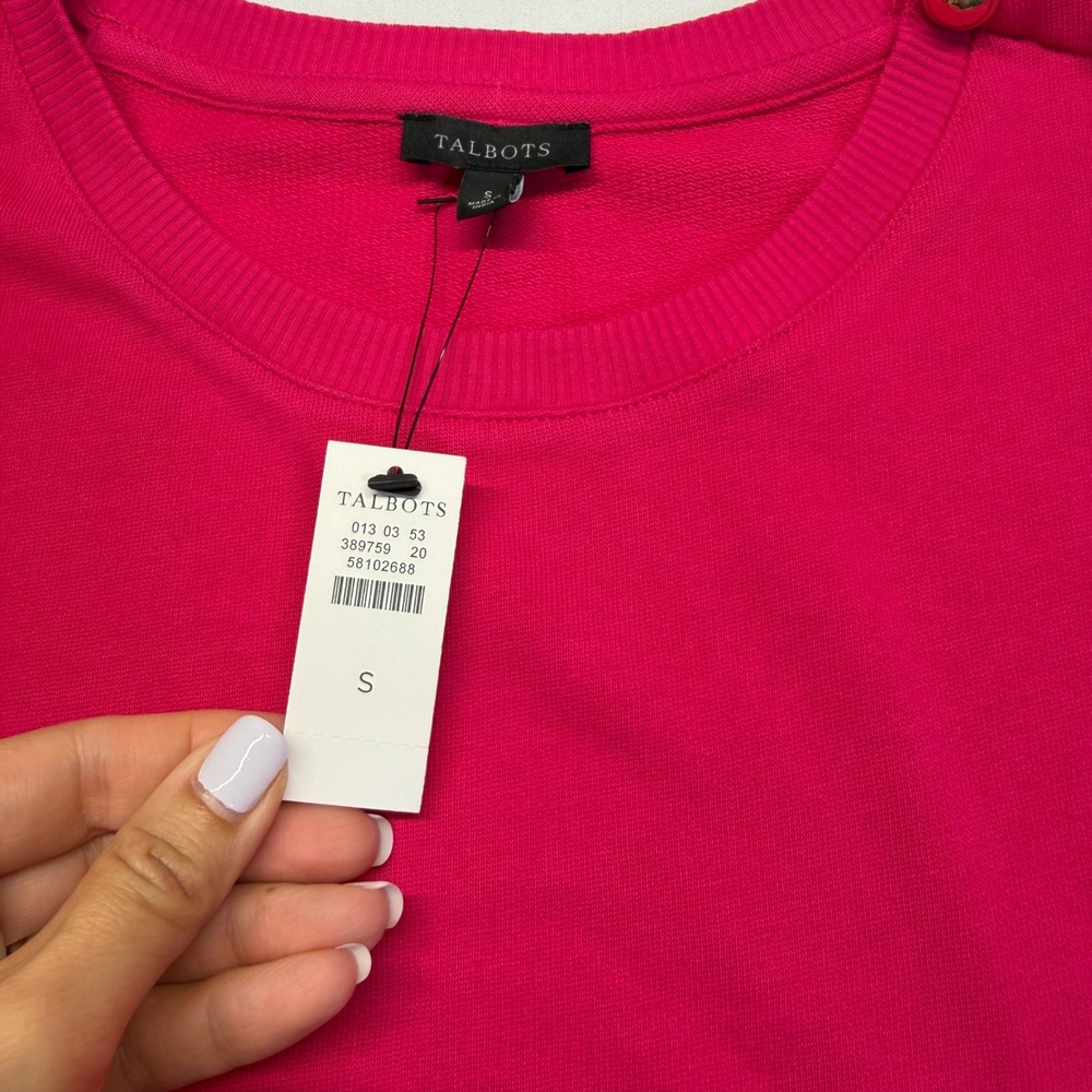 Talbots Pink Puff Sleeve Sweatshirt Top Gold Button Shoulder Cotton Small NWT - Picture 5 of 10